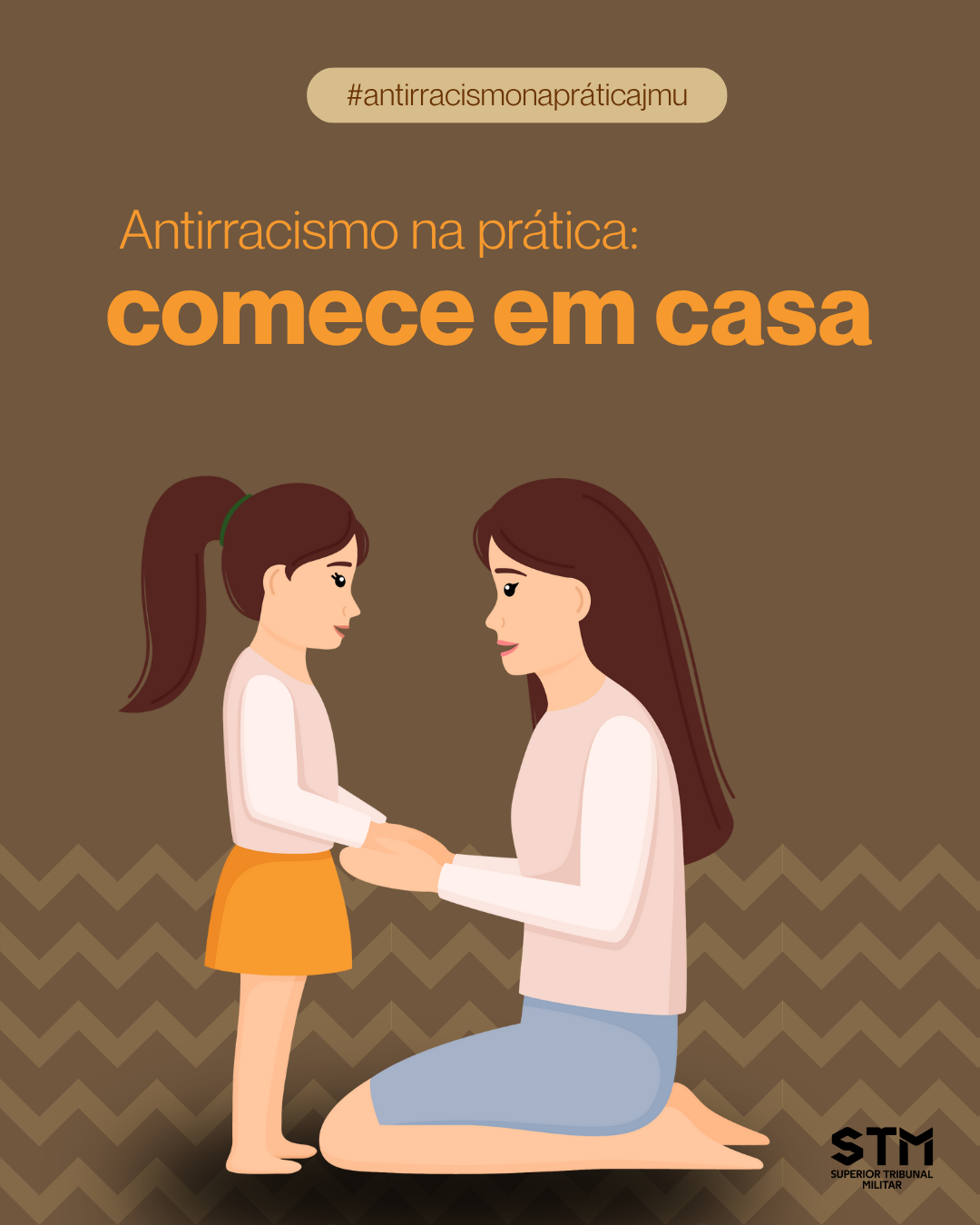 Ilustração de mãe e filha se olhando e segurando as mãos, com a frase: “Antirracismo na prática: comece em casa”.