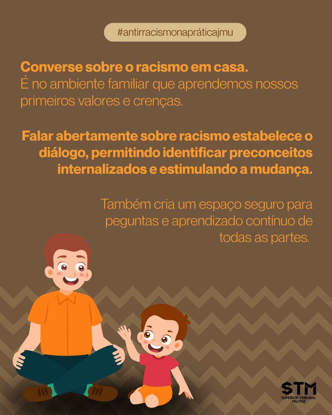 Ilustração de pai e filho sentados sorrindo, com texto sobre conversar sobre racismo no ambiente familiar.
