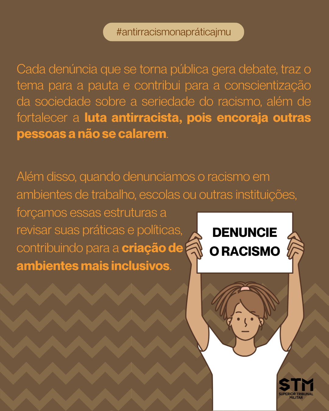 Ilustração de jovem com cartaz “Denuncie o racismo”, com incentivo às denúncias de racismo.