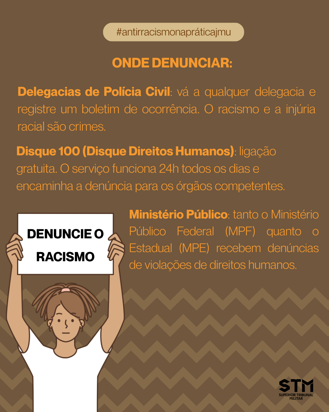 Ilustração de jovem com cartaz “Denuncie o racismo”, com informações sobre onde registrar denúncias, como delegacias, Disque 100 e Ministério Público.
